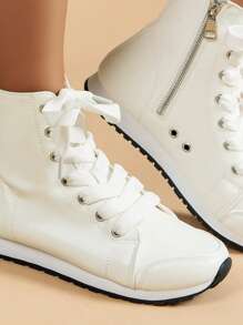 2024 秋冬新款女士时尚休闲运动踝靴，系带拉链中帮休闲校园风格短靴情人节款，女士靴子 - 白色 - 查看 6