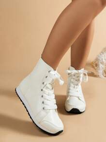 2024 秋冬新款女士时尚休闲运动踝靴，系带拉链中帮休闲校园风格短靴情人节款，女士靴子 - 白色 - 查看 3