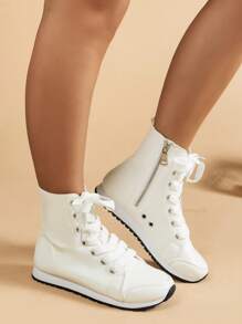 2024 秋冬新款女士时尚休闲运动踝靴，系带拉链中帮休闲校园风格短靴情人节款，女士靴子 - 白色 - 查看 4