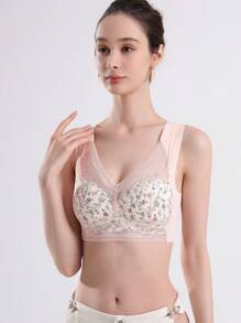 3pcs Summer Lace Small Floral Lce Silk Thin Seamless Gathered Side Breast Vest LargeSize Seamless Beautiful Back Bra One-Piece Tube Top Underwear Thin Large ChestSmall Bra - 紅色/膚色/抹茶 - 查看 7