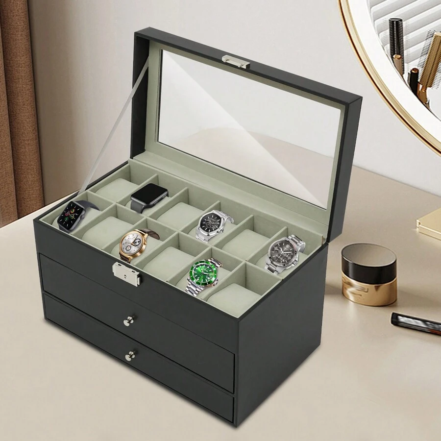 Jewelry Box Sunglasses Storage Box Casket With Lock And Key Storage Box For Watches Glasses Case Watch Box Black - Black - View 1