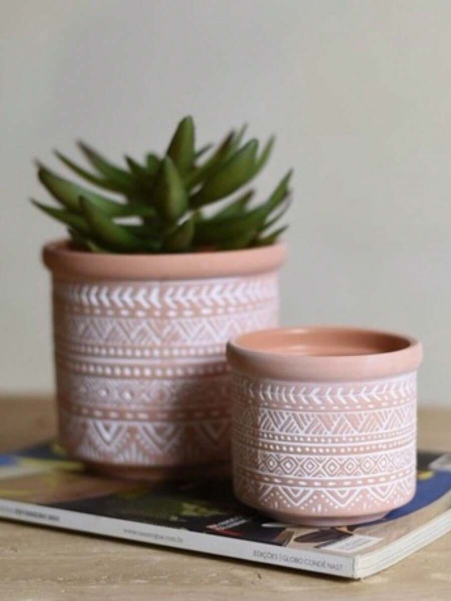 Kit 2 Dupla Vaso Ceramica Terracota 14cm x 13cm - Marrom - Visão 1