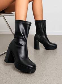 Women's Chunky Platform Mid-Calf Boots Waterproof Square Toe Fashionable Lightweight Comfort Elegant Bright Solid Color Side Zipper Classic For Parties Dress Festival Ankle Go Go BLack Boots - 黑色/PU - 查看 7