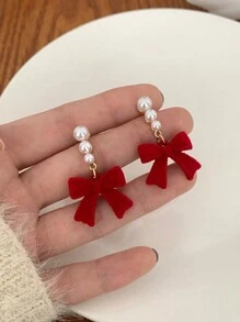 1 对简约蝴蝶结珍珠蓬松奢华独特耳钉情人节、妈妈、母亲、母亲节、礼物 - 紅色 - 查看 2