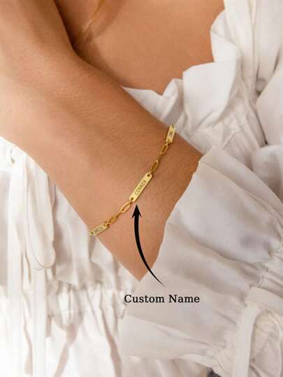 Custom Mini Name Bar Bracelet Minimalist Engraved Charm Bracelet With A Dainty Paperclip Chain Customized Names Bar Charm Bracelets New Stainless Steel Jewelry Unique Christmas Gift For Her Birthday Gift Valentine's Day Gifts Gold Stylish,Unisex,Simple,Vintage,Goth,Cuties Custom,Personalized,Unique Ideal Gifts For Him,Ideal Gifts For Her Her,Boyfriend,Girlfriend,Dad,Mom,Family,Friends,Pets,Son,Daughter,Grandparents For Anniversaries,For Birthdays,For Daily Wear,For Weddings,For Graduation,For Prom,For Party,Customized Fashion Engraved Bracelets,Street Casual Chic