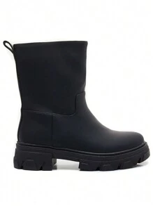 Chunky Mid-Calf Ankle Boots – Minimalist Style And Lug Sole - Black - View 4