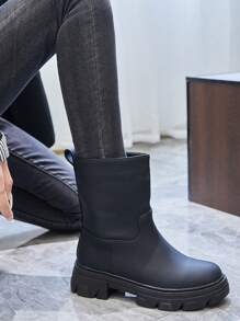 Chunky Mid-Calf Ankle Boots – Minimalist Style And Lug Sole - Black - View 2
