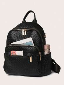 Balo da PU màu trơn cổ điển đa năng, Túi đeo vai đựng máy tính xách tay đi làm công sở cho phụ nữ, Balo du lịch ngoài trời dung tích lớn dùng hàng ngày, Balo đựng sách cho học sinh trung học và sinh viên đại học - màu đen - Xem 2