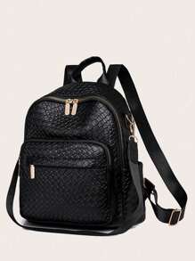 Balo da PU màu trơn cổ điển đa năng, Túi đeo vai đựng máy tính xách tay đi làm công sở cho phụ nữ, Balo du lịch ngoài trời dung tích lớn dùng hàng ngày, Balo đựng sách cho học sinh trung học và sinh viên đại học - màu đen - Xem 3