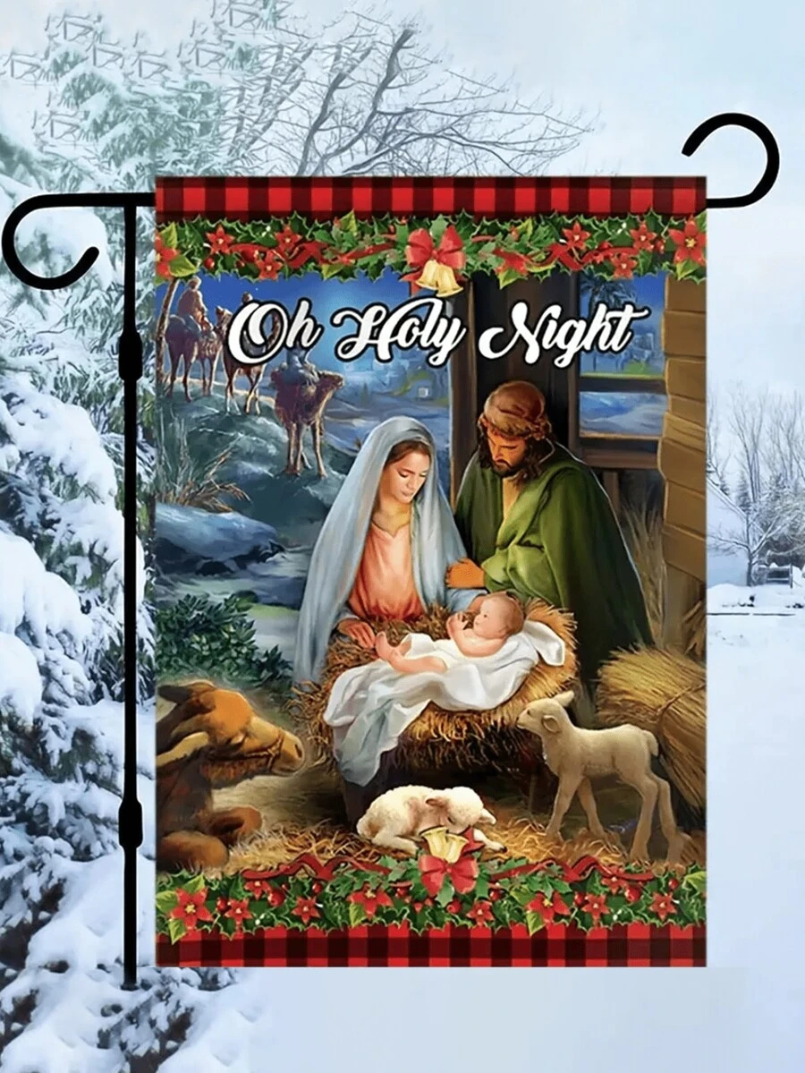 1pc, O Holy Night Linen Garden Flag - Double Sided, Waterproof, 12''x18''/30cm*45cm, Nativity Night Of God Lamb Design, Durable And Weather-Resistant