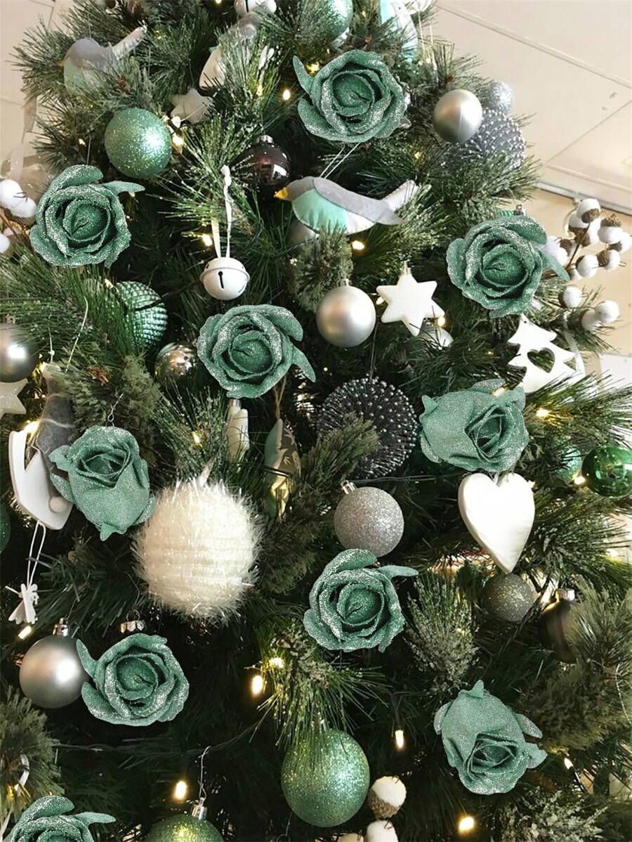 16.92in Glitter Roses Artificial Flowers 12pcs Long Stem Glitter Silk Roses Burgundy Fake Flowers For DIY Craft,Wall Decoration,Baby Shower Flower Centerpieces - Mint Green - View 1