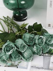 16.92in Glitter Roses Artificial Flowers 12pcs Long Stem Glitter Silk Roses Burgundy Fake Flowers For DIY Craft,Wall Decoration,Baby Shower Flower Centerpieces - Mint Green - View 5
