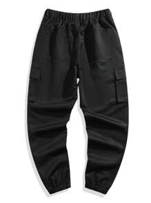 2pcs Tween Boys Casual Sports Outdoor Pocket English Graphic Cargo Pants, Spring & Autumn - Black - View 6