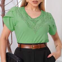 Blouse Shirt Pearl Details For Congress  Short Sleeve Lace Social Evangelical Fashion Social Embroidered Romantic - Màu xanh Bạc hà - Xem 2