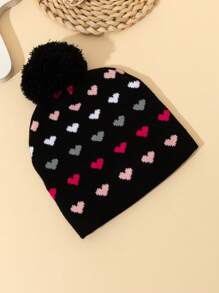 1pc Kids Colorful Heart Print Beanie Hat, Thin Knit Warm Hat With Cute Pom Pom Decor, Suitable For Autumn/Winter Daily Wear, New Year, Christmas, Dopamine Outfit