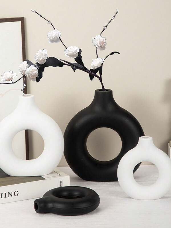 1 pieza Jarrón en forma de dona de inspiración nórdica moderna - Diseño geométrico circular para decoración del hogar y la sala de estar, centro de mesa de arreglo floral de plástico