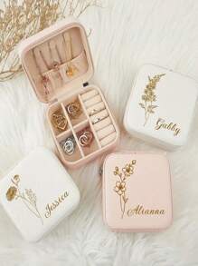 1pc Personalized Leather Jewelry Box Engraved Name & Birth Flower Perfect Gift For Valentine's Day, Bridesmaid Or Mothers