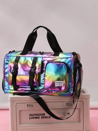 Fashionable Large Capacity Lightweight Laser Rainbow Pearl Travel Bag - Waterproof Dry Wet Separation Gym Organizer With Independent Shoe Compartment For School Season, Fitness, Yoga, And Travel For Suitcase Overnight Bag Gym Bag Duffle Bag Weekend Bag Duffel Bag For Luggage Carry On Bag College Bag Luggage Bags Weekender Bag Hospital Bag Holiday Winter
