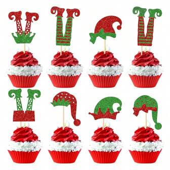 24pcs Christmas Cupcake Toppers Glitter Santa Hat Christmas Legs Cupcake Picks Merry Christmas Cake Decorations For Birthday Christmas Party Decorations