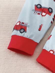 BrownBark 2 件套男童卡通卡车印花圆领长袖上衣和裤子套装，柔软舒适休闲男童儿童服装，适合日常休闲外出 - 淺灰色 - 查看 7