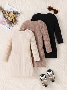 3pcs/Set Young Girls' Solid Ribbed Minimalist Elegant Dress - Apricot - View 2