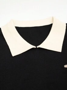 Korean Polo Collar Autumn/Winter New Short Top, Thin Top, Color Block , Long Sleeved Women's Sweater - Black - View 8