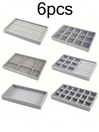 六合一天鹅绒珠宝展示托盘，大容量珠宝收纳盒，独立隔层设计，简约多槽珠宝架，珠宝托盘，可堆叠抽屉托盘，适用于耳环、项链、手链、脚链、戒指、发夹、头带情人节阳光旅行酷炫返校