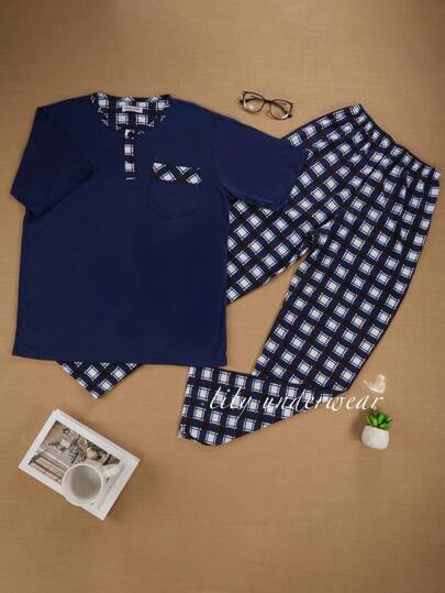 PIJAMA DE CABALLERO MANGA CORTA ESTAMPADO A CUADROS 100% ALGODON