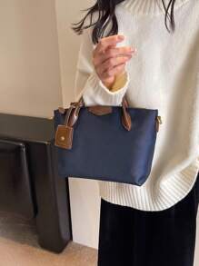New Fashion Dual Handle Solid Color Nylon Waterproof Square Tote Bag, Suitable For Travel, Shopping And Commuting - Navy Blue - View 4