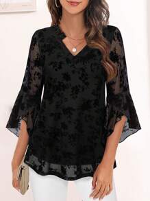 CheersLife 女士时尚双层网纱衬衫，七分荷叶边喇叭袖