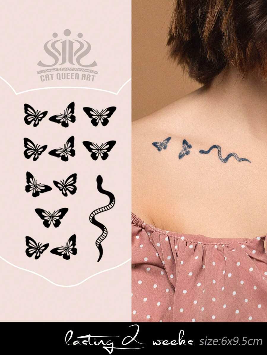 临时纹身贴纸，简约花蝶图案，适合Y2K音乐节、情人节、狂欢节、DIY派对礼物，防水防褪色，可持续1-2周，天然植物成分，仿真纹身贴纸 - 藍色 - 查看 1