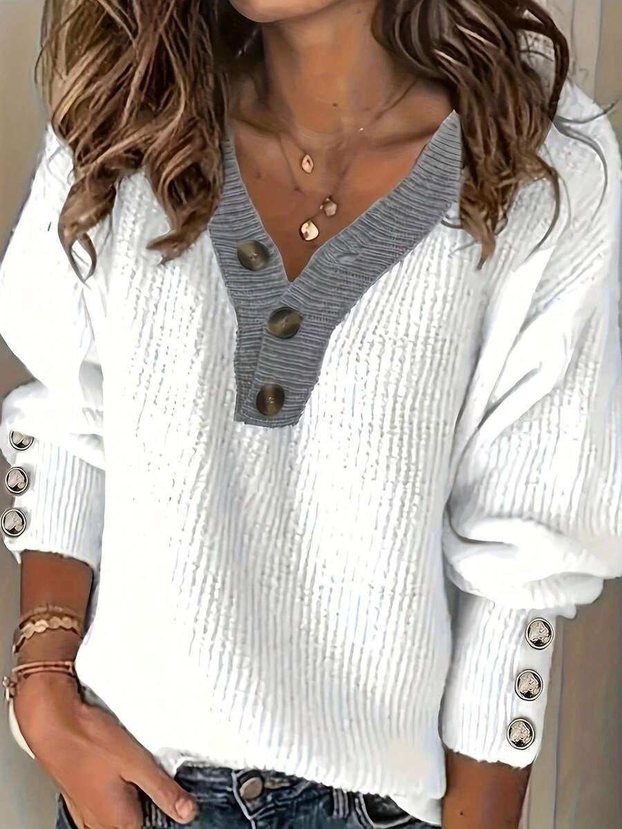 Plus Size Solid V-Neck Casual Long Sleeve Pullover Sweater White - White - View 1