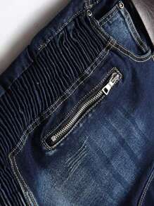 Mens Ribbed Jeans Stretch Straight Fit Denim Pants Washed Biker Distressed Destroyed Jeans - Màu xanh lam - Xem 5