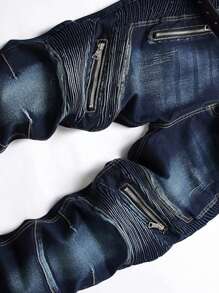 Mens Ribbed Jeans Stretch Straight Fit Denim Pants Washed Biker Distressed Destroyed Jeans - Màu xanh lam - Xem 3