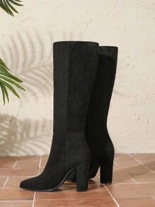 Mặc với quần legging, bốt cao đến đầu gối cỡ lớn thời trang nữ, bốt cao gót có khóa kéo, đi bộ thường ngày, bốt trình diễn thời trang thu đông, gót dày, bốt cao, bốt đen - màu đen - Xem 7