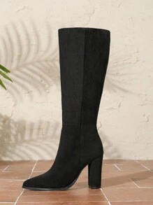 Mặc với quần legging, bốt cao đến đầu gối cỡ lớn thời trang nữ, bốt cao gót có khóa kéo, đi bộ thường ngày, bốt trình diễn thời trang thu đông, gót dày, bốt cao, bốt đen - màu đen - Xem 5