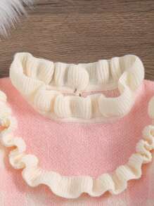 女宝宝荷叶边格子图案长袖保暖针织连体衣 - 粉色 - 查看 3