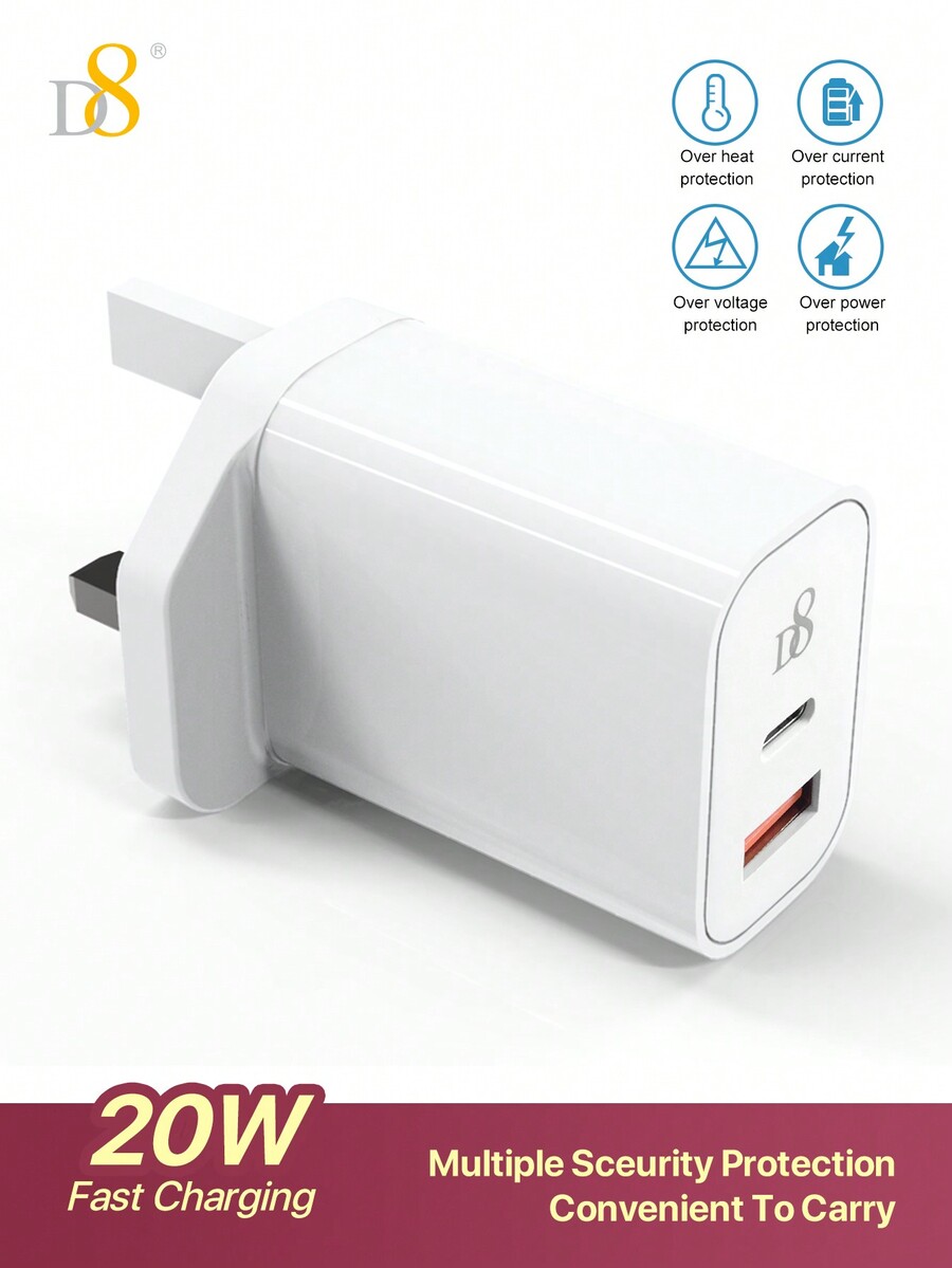 D8 1Pc IPhone 15 USB C Charger 20W PD Fast Charger Block, TypeC+QC3.0