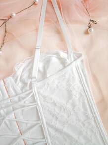 1pc Women's Fashionable Fishbone Boned Lace Camisole Top, Sexy Backless Design, Solid Color - 白色 - 查看 9