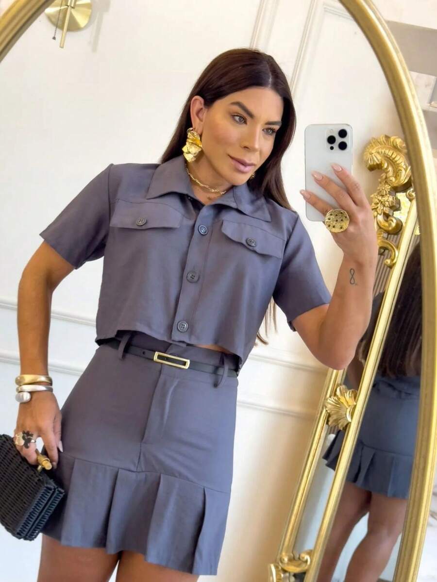 Women's Elegant Tailored Set, Formal Shorts, Skirt And Short-Sleeved Blouse, Buttons, Loose Collar - Dusty Blue - View 1