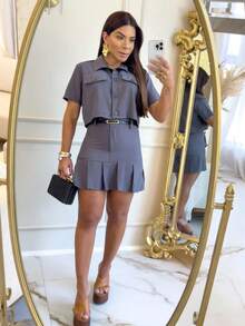Women's Elegant Tailored Set, Formal Shorts, Skirt And Short-Sleeved Blouse, Buttons, Loose Collar - Dusty Blue - View 3