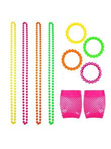 Forever & Moment 9 件 80 年代女士服装配饰套装霓虹珠项链手链露指短渔网手套适合 80 年代派对主题派对万圣节礼物音乐节舞蹈表演舞会