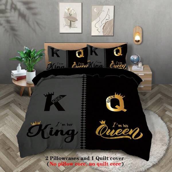 Conjunto de cama moderno com estampa king e queen de 3 peças, preto e cinza, 1 capa de edredom de plumas + 2 fronhas, conjunto de cama de fibra de poliéster, cama king, casal ou solteiro, adequado para quartos de adultos, quartos de casal e hotéis