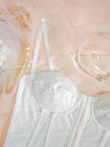 1pc Women's Fashionable Fishbone Boned Lace Camisole Top, Sexy Backless Design, Solid Color - 白色 - 查看 6