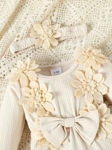 Bộ 3 món cho bé gái: Áo liền quần cổ bèo họa tiết hoa 3D đáng yêu + Quần ống rộng viền ren thoải mái + Băng đô trang trí. - Nhiều màu - Xem 4