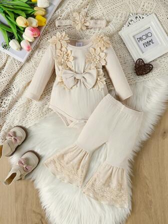 3-delars set för flickor: Söt 3D-blommig sparkare med volangkrage + bekväma spetsbyxor med klocka + dekorativt pannband