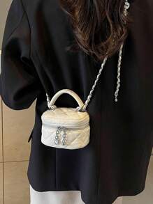 1pc Mini Women Handbag Fashion Solid Color Embroidered Rhombus Pattern Crossbody Bag Suitable For Cards & Keys - Beige - View 4