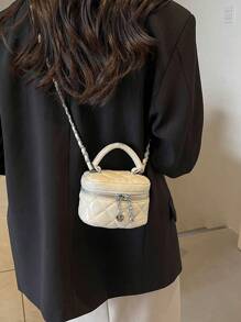 1pc Mini Women Handbag Fashion Solid Color Embroidered Rhombus Pattern Crossbody Bag Suitable For Cards & Keys - Beige - View 5