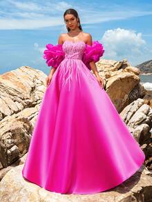 Faeriesty 华丽的舞会礼服，带有戏剧性的荷叶边袖子和闪亮的紧身胸衣，婚礼活动礼服派对礼服婚礼宾客礼服正式礼服晚礼服