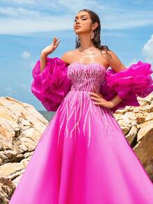 Faeriesty 华丽的舞会礼服，带有戏剧性的荷叶边袖子和闪亮的紧身胸衣，婚礼活动礼服派对礼服婚礼宾客礼服正式礼服晚礼服